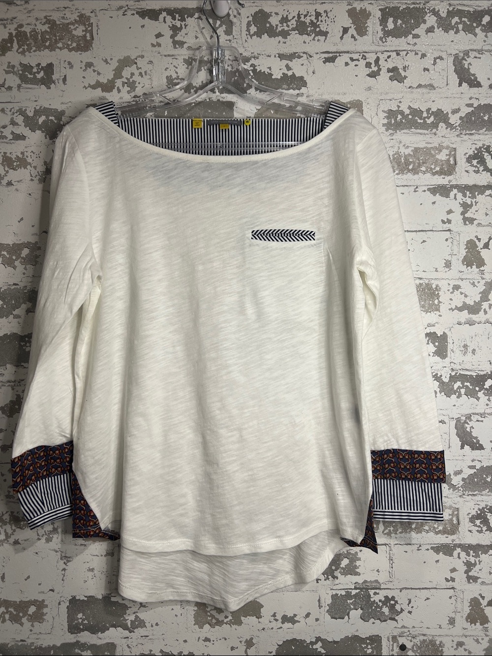 Women's White Long-Sleeve Boatneck Top with Patterned Trim